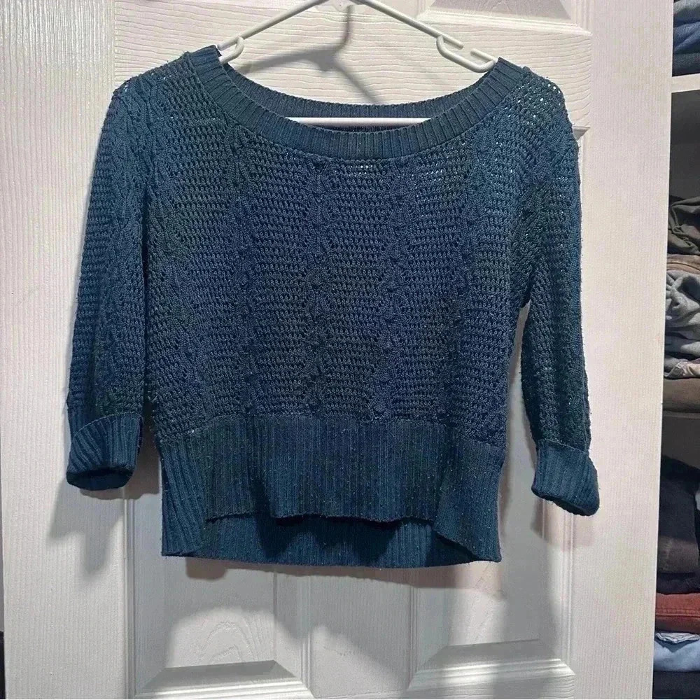 Women’s Jade Green Knit Sweater Size M 3/4 Sleeve Textured Lightweight Sweater